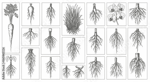 Explore diverse plant root systems, from fibrous to taproot, showcasing botanical beauty and scientific detail.