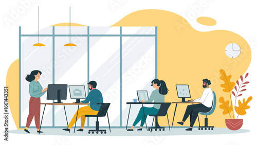 Professionals collaborating and working diligently in a modern open-plan office, showcasing productivity and teamwork in a corporate setting.