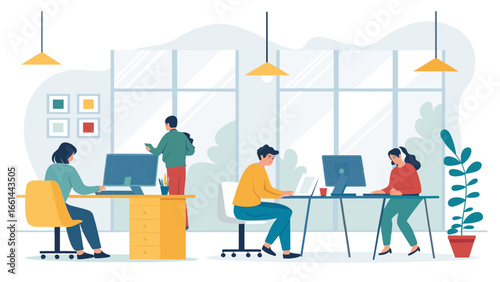 Professionals actively collaborate in a vibrant, modern open-plan office, focusing on tasks and fostering a productive business environment. Ideal for corporate themes.