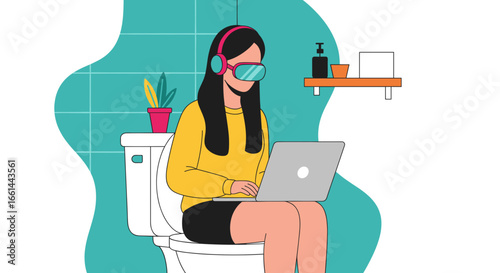Person focused on laptop in bathroom, wearing VR headset and headphones. Illustrates remote work, digital immersion, and modern multitasking from a private space.