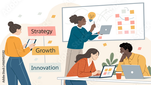 Diverse team collaborating on business strategy, growth, and innovation, utilizing laptops and a whiteboard for idea generation and project planning in a modern office.