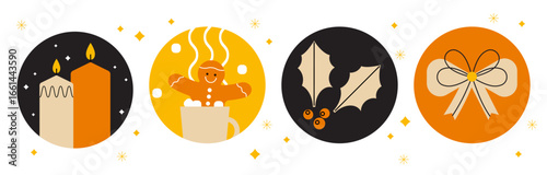 Merry round stickers. Minimal vintage Christmas icon collection flat geometric style. Winter season festive and cozy home xmas decor vector elements, holly leaves, candle, hot drink, gingerbread man
