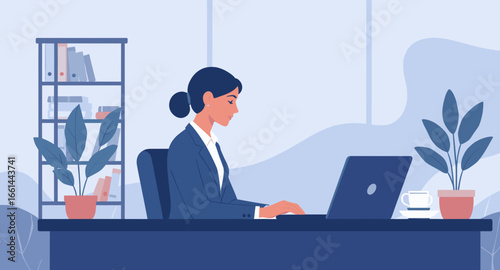 Focused professional woman working diligently on a laptop in a modern office, representing productivity, business, and remote work. Ideal for corporate themes.