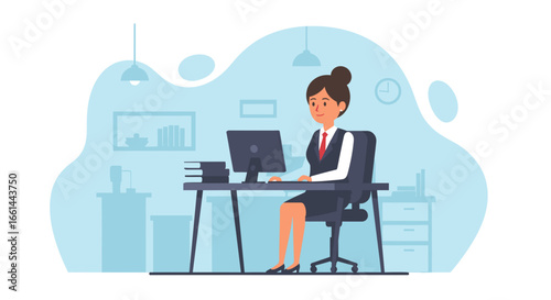 A focused businesswoman works diligently at her office desk on a computer, embodying productivity and corporate success. Ideal for business, technology, and professional lifestyle concepts.
