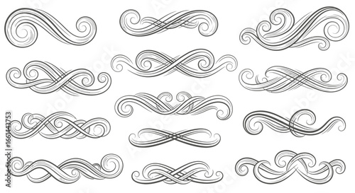 Collection of twelve ornate, swirling vector flourishes and dividers in shades of gray, isolated on a white background.