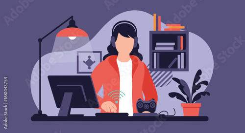 Woman in headphones gaming or working remotely at a desk. Shows focus, wireless connectivity, and modern digital lifestyle at home.