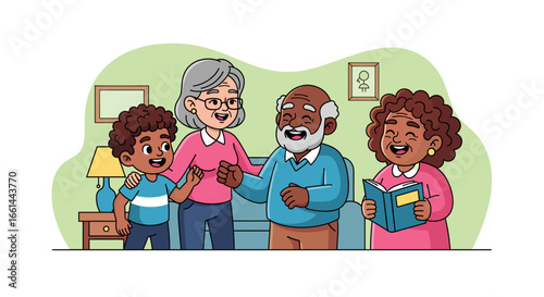 A happy multi-generational diverse family, including grandparents and a child, laughing and spending quality time together at home. Represents family bonding and care.