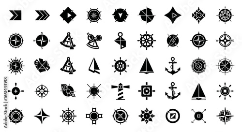 Collection of black and white nautical themed graphic design elements.