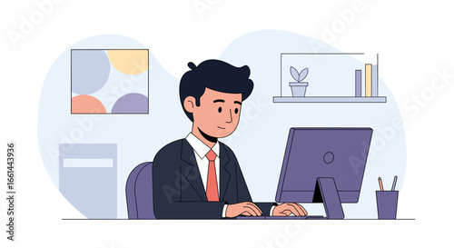 Professional businessman working diligently on a computer in a modern office. Ideal for concepts of productivity, corporate tasks, and remote work.
