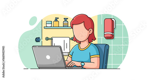 Professional illustration of a person with red hair working diligently on a laptop in a bathroom setting, representing remote work, multitasking, or a modern, busy lifestyle.