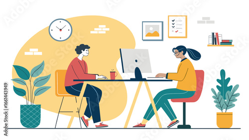 Two colleagues collaborate and work efficiently at a modern office desk with computers, fostering productivity and teamwork in a contemporary workspace.