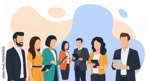 Diverse business team collaborating and communicating during a meeting with digital tablets, representing professional partnership and modern workforce.