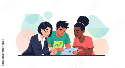 Diverse team collaborating on a digital tablet, discussing business growth and strategy. Ideal for education, technology, and corporate themes.