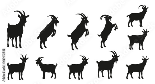 Collection of black goat silhouettes in various poses, standing and rearing.