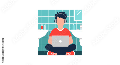 Person with headphones working on laptop in a bathroom. Represents remote work, online learning, flexible digital lifestyle, adaptability, unconventional focus.