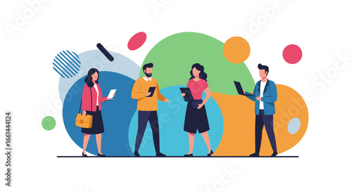 Diverse professionals collaborate using digital devices in a dynamic, modern setting. Represents teamwork, communication, technology, and business connectivity.