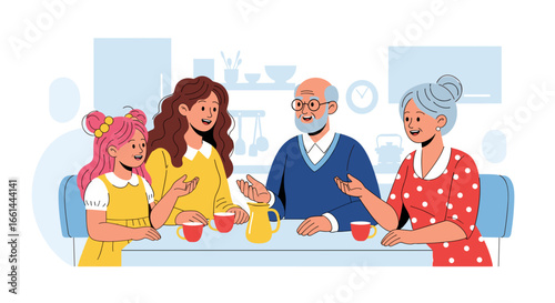 Multi-generational family happily conversing around a table at home, fostering connections and sharing joyful moments. Ideal for family life and communication concepts.