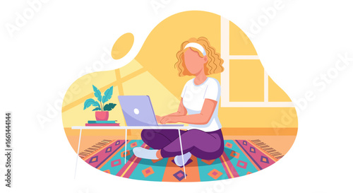 Woman working on laptop in a comfortable home setting, embodying remote work, freelancing, and digital lifestyle. Productivity and comfort at home.