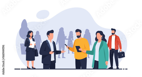 Diverse business professionals collaborate and network, discussing ideas in a dynamic professional setting. Ideal for themes of teamwork, communication, and corporate development.
