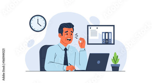 Professional man overwhelmed by work, crying at his desk with a laptop and documents, symbolizing stress, burnout, and tight deadlines.