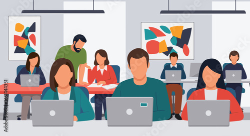 Diverse team collaborating and working diligently on laptops in a modern, productive office environment. Ideal for business, technology, and teamwork concepts.