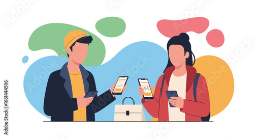 Couple using smartphones for financial analysis and digital transactions, representing mobile banking, online business, and modern lifestyle technology.