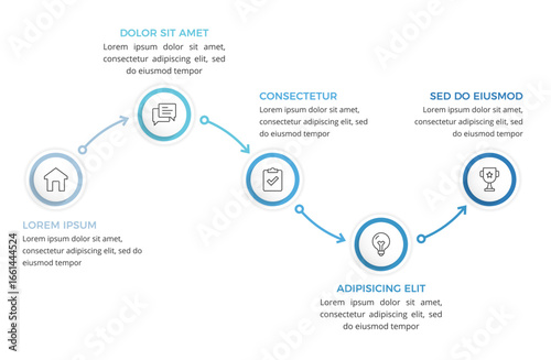 Business workflow infographic template with five steps connected by arrows