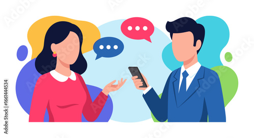 Two people communicate digitally using a smartphone and speech bubbles, symbolizing online interaction, customer service, or social networking.