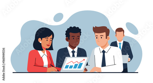 Diverse business team collaborating on a growth strategy during a meeting, analyzing data for success and corporate progress.