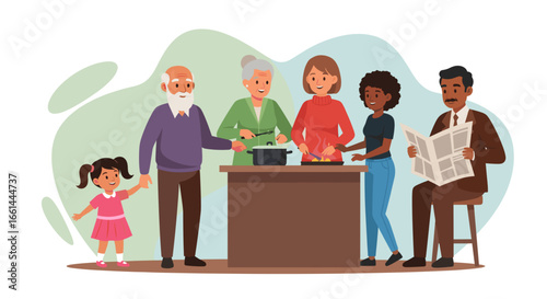 A happy, multi-generational family cooks together and enjoys daily life at home. Perfect for themes of unity, care, and domestic bliss.
