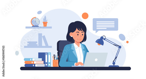 Professional woman working diligently at her desk with a laptop, files, and lamp, embodying productivity and a modern work environment.