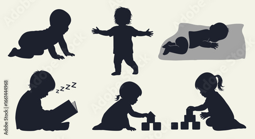 Silhouetted babies in various poses, crawling, standing, playing, reading, and building with blocks.