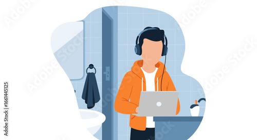 Person in headphones working on a laptop in a bathroom. Concept of remote work, flexible hours, and unique workspaces.