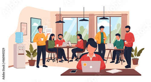 Professionals collaborate in a bright, modern office, working on laptops and discussing ideas. Represents teamwork, productivity, and contemporary business.