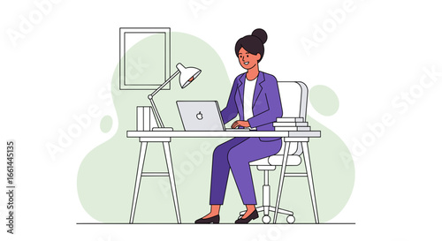 Smiling professional woman working happily on laptop at her desk. Ideal for business, remote work, education, or technology concepts.
