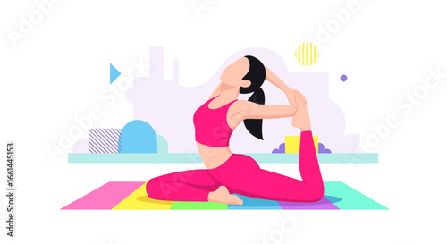 Woman in a vibrant pink outfit practicing a challenging yoga pose on a colorful mat, embodying fitness, flexibility, and a healthy lifestyle.