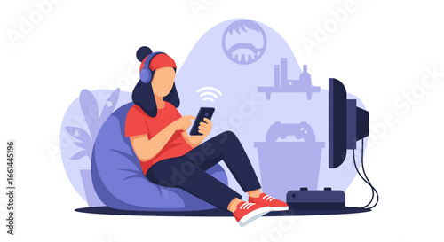 Person comfortably using a smartphone with headphones on a beanbag chair, engaging with digital content at home. Represents modern leisure and connectivity.