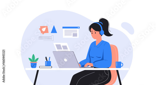 Focused woman in headphones working remotely on a laptop. Ideal for concepts of online business, education, telecommuting, or customer support.