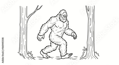 A large hairy Bigfoot figure strolls between two trees in a forest.