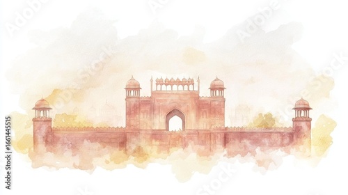 Watercolor depiction of Delhi's Red Fort, highlighting its majestic architecture in soft red and brown hues against a white backdrop