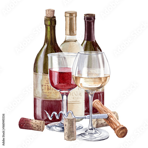 Hand painted wine set with Glasses and bottles, corkscrew and bottle caps