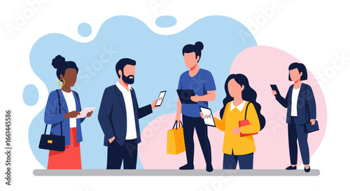 Diverse individuals using smartphones and tablets, depicting digital communication, business networking, and modern lifestyle concepts.
