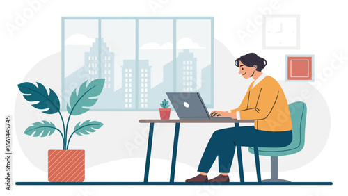 Young professional working remotely on a laptop in a modern office with a city view, embodying productivity and a modern work-life balance.