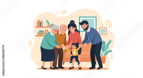Multi-generational family joyfully supports a toddler's first steps at home. Grandparents, parents, and child share a loving moment of growth and connection, perfect for family lifestyle concepts.