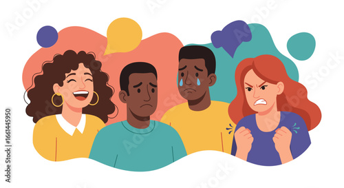 Diverse group expressing a range of human emotions: joy, sadness, and anger, depicting complex feelings and social interaction.