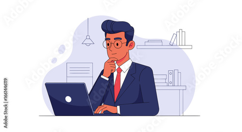 A thoughtful businessman in a suit works on his laptop, analyzing data or making decisions in a modern office setting. Ideal for business, technology, or corporate concepts.