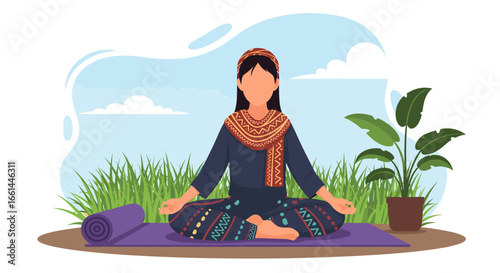 Serene person meditating outdoors on a yoga mat, finding peace and mindfulness. Ideal for wellness, spiritual, and healthy lifestyle content.