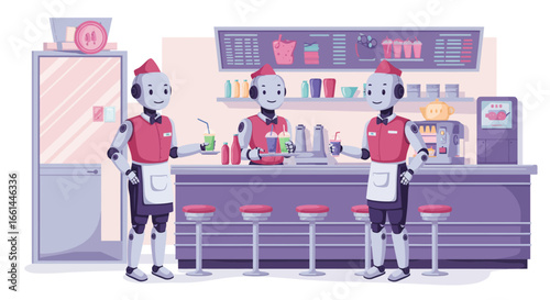 Three friendly service robots in retro diner uniforms serving beverages behind a counter with stools.