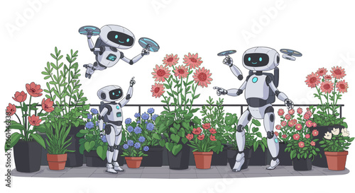 Three cheerful robots, including a flying one, actively engage in watering and tending a vibrant balcony garden filled with diverse potted plants and colorful flowers.