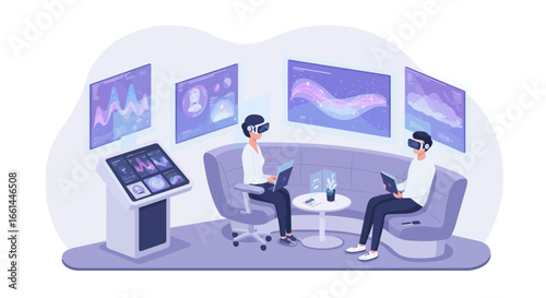 Two individuals wearing virtual reality headsets and using laptops in a modern, immersive digital environment with multiple holographic screens and an interactive control panel.